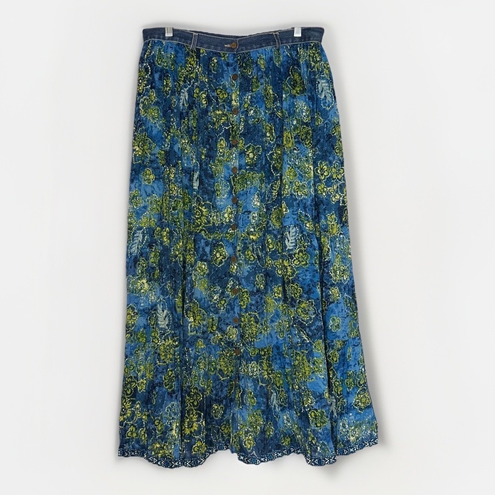 VTG 90s Prairie Chambray Tiered Midi Skirt Jean Cottagecore Festival 12 Tradwife - Picture 2 of 7